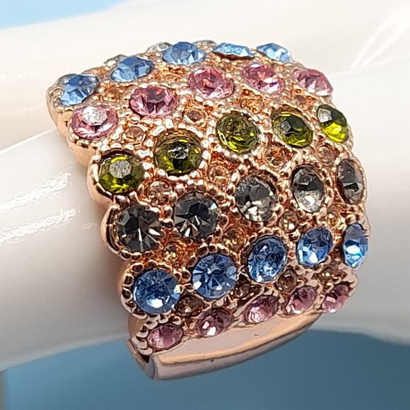 Multicolored Rhinestone Wide Band Ring, Rose Gold Tone, Size 7.75 - Picture 1 of 14
